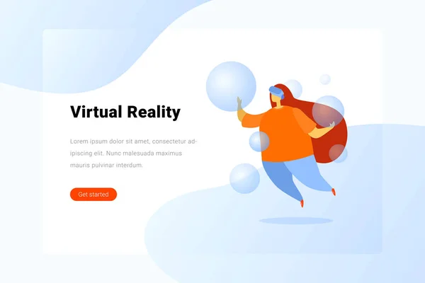 Lány virtuális szemüveg lebegő virtuális valóság tér Flat — Stock Vector