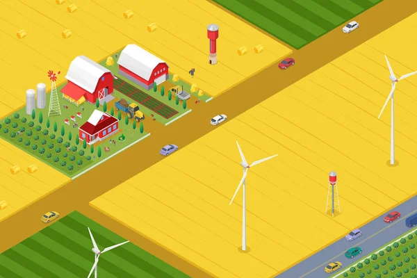 Granja isométrica y campos en el campo con turbinas eólicas gree — Vector de stock