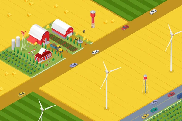 Isometric Farm and Fields in Countryside with Wind Turbines gree — Stock vektor