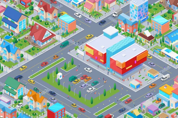 Ισομετρική εμπορικό κέντρο στην έξυπνη πόλη επίπεδη διανυσματική απεικόνιση — Διανυσματικό Αρχείο