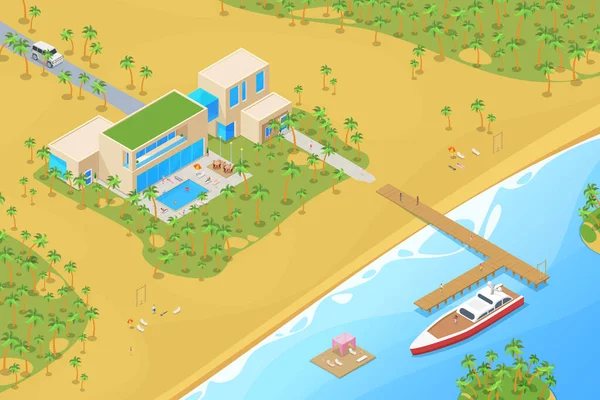 Isometric Villa dom z jachtem na nabrzeżu Morza Ocean tropikalny bea — Wektor stockowy