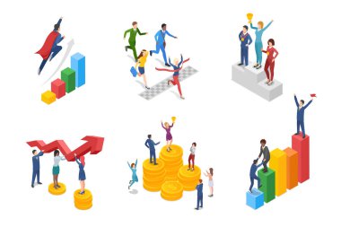 Isometric Business People Takım Çalışması Kazanan Finans Konsepti Para sikkeleri büyüme istatistikleri düz vektör çizelgesi.
