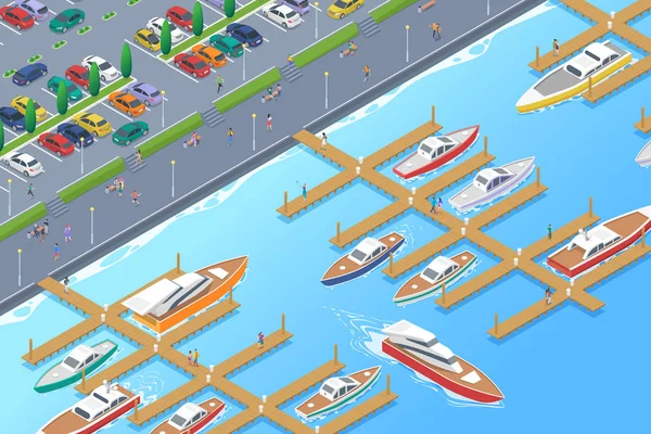 Pier Berth 'teki Isometric Boats Yatları. — Stok Vektör