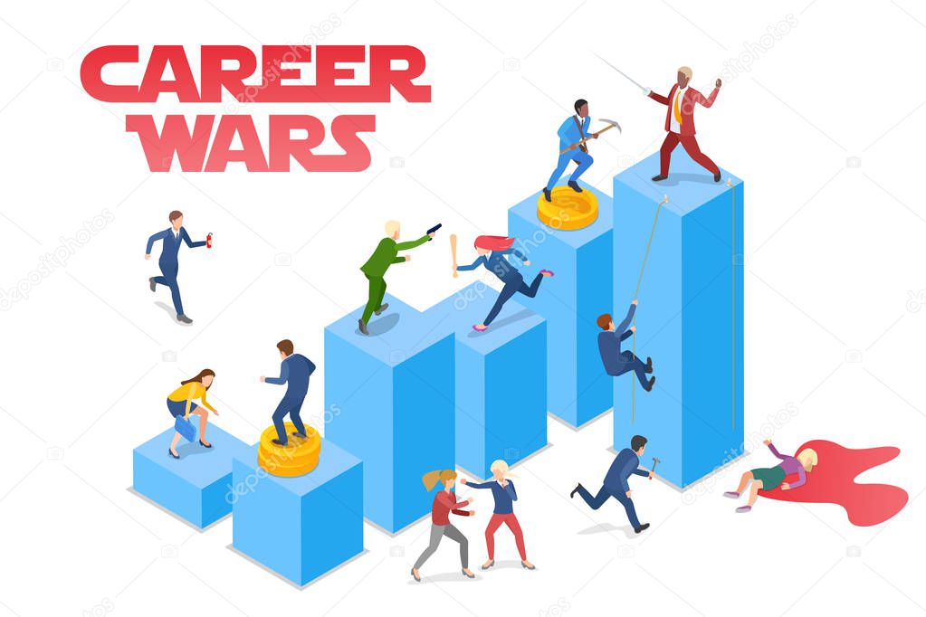 Career Business Wars Competition Isometric Flat design concept illustration. People fight for money on chart bar graph