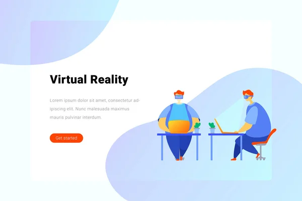 Man in Virtual Glasses works on laptop at workplace Virtuális valóság koncepció Lapos vektor illusztráció. — Stock Vector