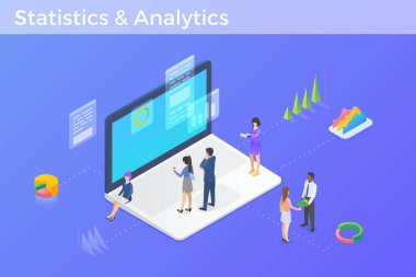 İstatistikler Laptop Notebook İzometrik düz tasarım vektör illüstrasyon Veri Bilgileri Analiz
