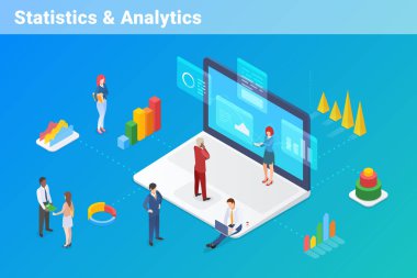 İstatistikler Laptop Notebook İzometrik düz tasarım vektör illüstrasyon Veri Bilgileri Analiz