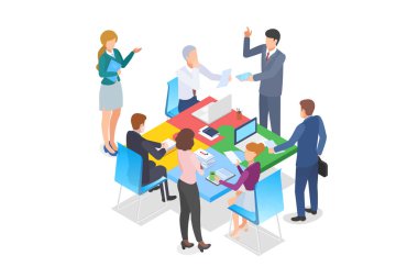Isometric Takım Çalışması Ortaklık Liderliği düz tasarım vektör çizimi. Yapbozun dört parçalı masasında bir grup insan çalışıyor.