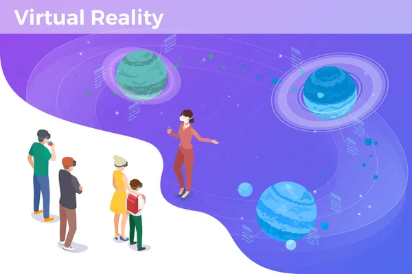 Pessoas Óculos Aprendem Estudar Espaço Com Tecnologia Realidade Virtual Ilustração — Vetor de Stock