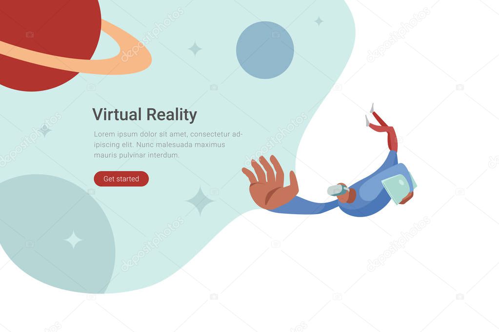 Virtual Reality VR Technology flat vector design illustration. Man in Virtual Glasses flying in space with planets