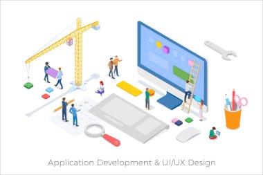 Isometric Application Development UI UX tasarım düz tasarım vektör çizimi
