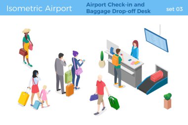 People standing and walking in Airport Check-in and Baggage Drop-off Desk area Man is checking in for flight isometric vector illustration clipart