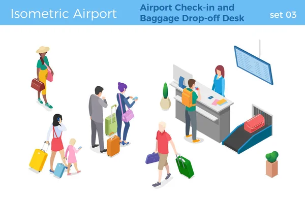 Personas Pie Caminando Aeropuerto Check Equipaje Zona Escritorio Hombre Está — Archivo Imágenes Vectoriales