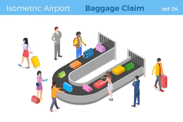 Люди Піднімають Багаж Районі Airport Baggage Claim Ізометричного Векторного Зображення — стоковий вектор