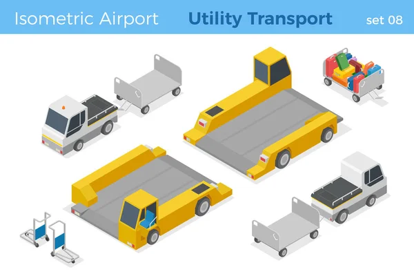 Aeroporto Utility Trasporto Bagagli Caricamento Macchina Auto Isometrica Vettoriale Illustrazione — Vettoriale Stock