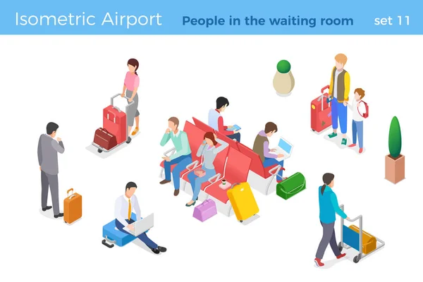 People Sitting Standing Walking Waiting Room Wait Flight Isometric Vector — Stock Vector