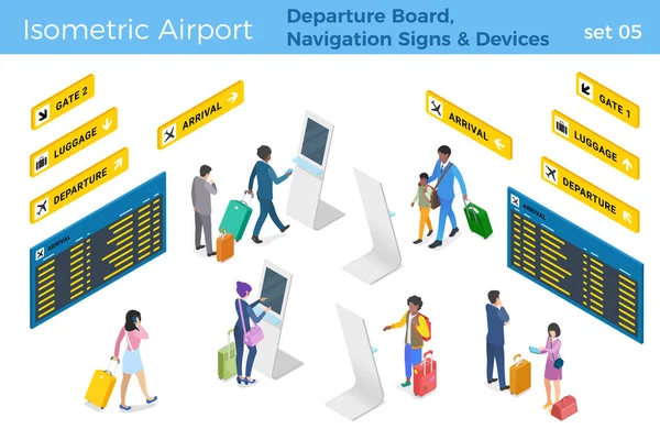 Airport Departure Board Navigation Signs People Devices Ισομετρική Διανυσματική Απεικόνιση — Διανυσματικό Αρχείο