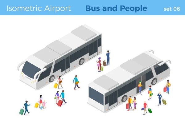 Isométrico Gente Sube Fuera Ilustración Del Vector Del Autobús Del — Archivo Imágenes Vectoriales