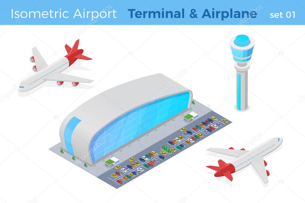 Isometric Airport Terminal with parking Air Traffic Navigation Control Tower Plane front and Airplane back vector illustration