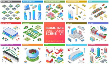 Isometric scene vektör tasarım kiti: gökdelenler şehir, binalar, alışveriş merkezi, yol ve sokak, kulübe, köprü, arabalar, tekne, havaalanı, stadyum, çiftlik, manzara.