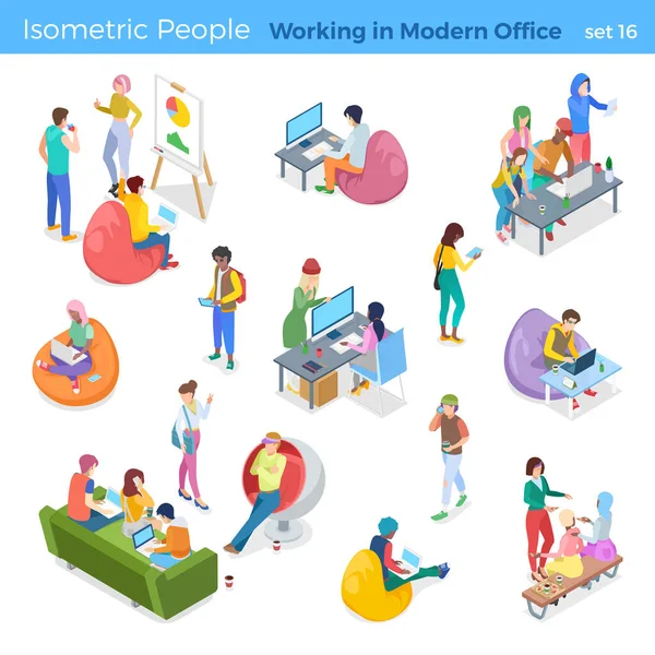 Isometric Young Casual People Creative Team Hipster Working Modern Office — Stock Vector