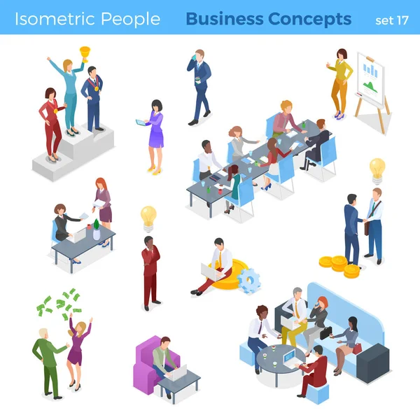 Isometric Business People Teamwork Winner Partnership Idea Profit Finance Report — Stockový vektor