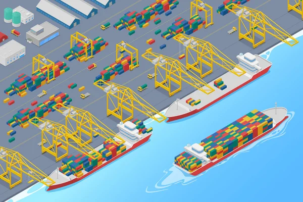 Guindastes Portuários Contentores Carga Doca Navio Carga Descarregamento Barcaças Transporte — Vetor de Stock