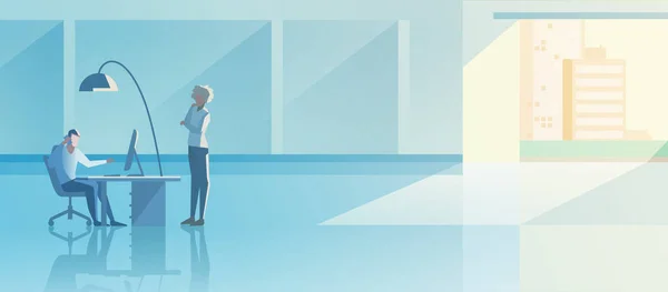 Интерьер Офиса Плоским Дизайном Векторной Иллюстрации Человек Сидящий Настольным Компьютером — стоковый вектор