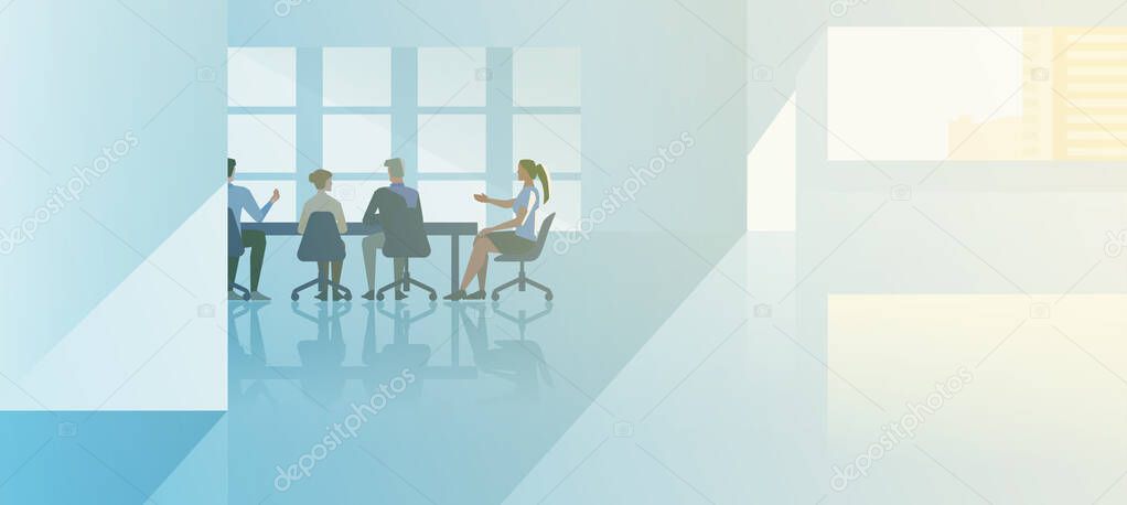 Office interior open-space flat design vector illustration. Business people talking in modern meeting room businessmen and businesswomen sitting in conference hall 