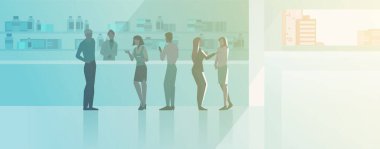 İnsanlar eczaneden ilaç alıyor. Daire içi düz vektör çizimi..