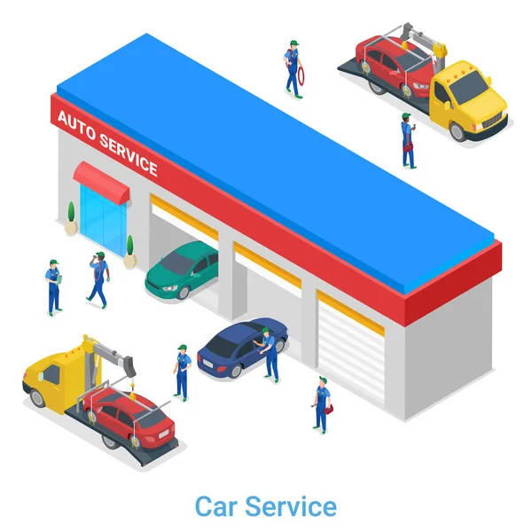 Isometric Car Auto Vehicle Service Station Garage Avec Remorque Évacuateur — Image vectorielle