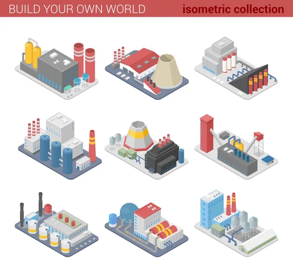 Isometric Factories Tanaman Gambar Vektor Datar - Stok Vektor