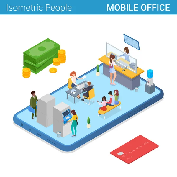 Mobile Office Banking Smartphone Isomtric Concepto Ilustración Vectorial Plano Personas — Archivo Imágenes Vectoriales