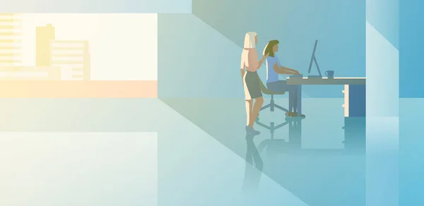 Интерьер Офиса Плоским Дизайном Векторной Иллюстрации Человек Сидящий Настольным Компьютером — стоковый вектор