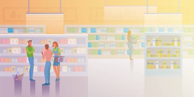 Süpermarketten alışveriş yapan insanlar Alışveriş Merkezi 'nin düz vektör illüstrasyonunda. Erkekler ve kadınlar alışveriş arabasıyla yiyecek satın alıyorlar..