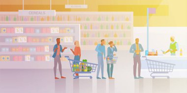 Süpermarketten alışveriş yapan insanlar Alışveriş Merkezi 'nin düz vektör illüstrasyonunda. Erkekler ve kadınlar ürünleri alışveriş arabasıyla alıyorlar ve kasada ayakta duruyorlar..