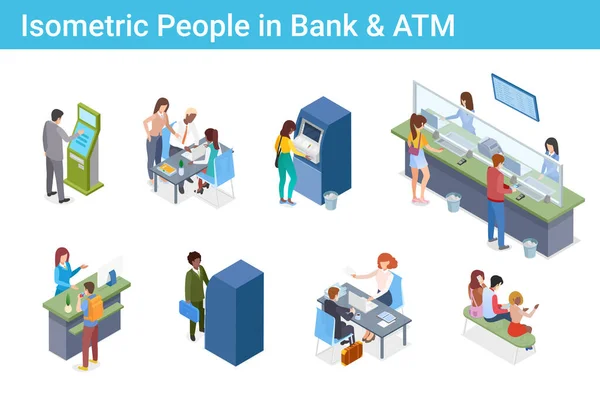 Personas Isométricas Banco Atm Cash Desk Pay Terminal Vector Plano — Vector de stock