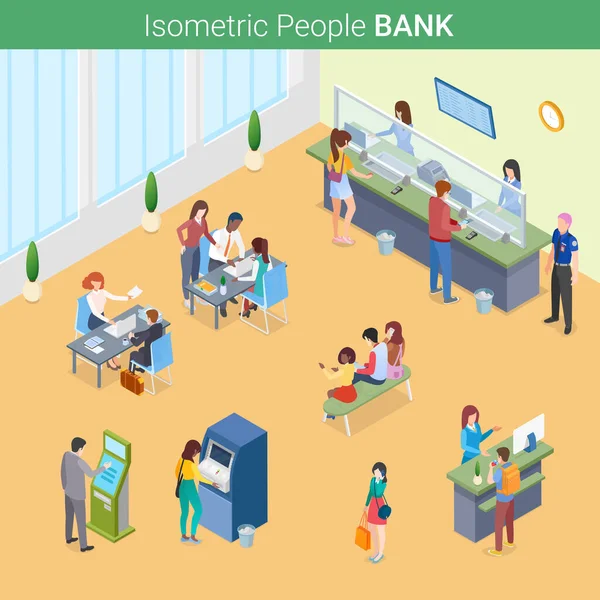 Personer Bank Isometric Flat Vektor Illustration Koncept — Stock vektor