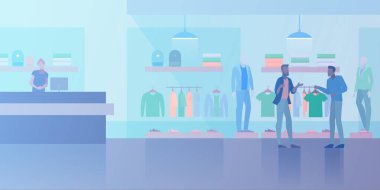 İnsanlar Giyim Mağazası Moda Mağazası Flat vektör çiziminden alışveriş yapıyorlar. Müşteri ve satıcı asistanı kasanın yanında.