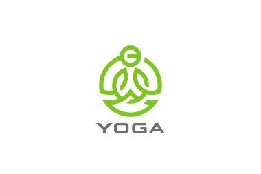 Lotus 'ta oturan yoga logosu soyut adamı vektör tasarımı şablonu çizer. Çember şekil dış çizgi simgesi.