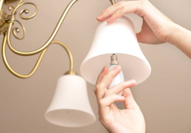 Avizedeki basit bir ampulü kurşun bir ampulle değiştiren erkeklerin ellerine yakın çekim. Enerji tasarrufu kavramı