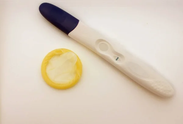 Prezervatifli Negatif Hamilelik Testi Beyaz Bir Arka Planda Stenmeyen Hamileliklere — Stok fotoğraf
