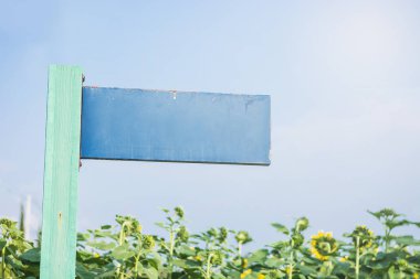 Eski mavi ahşap tabelasını arka plan için mavi gökyüzü ile bahçede. Hayatın farklı alanlarında Kılavuzu kavramı.