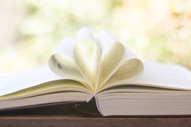 bir kitap sayfası vintage tarzı iki kalp Sevgililer günü için kalp şekli kağıt kitap bokeh yumuşak ışık sabah (bulanıklık arka plan) kavramı ile yakından