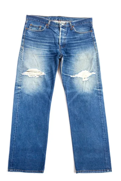 Front blå jeans isolerad på vit bakgrund — Stockfoto