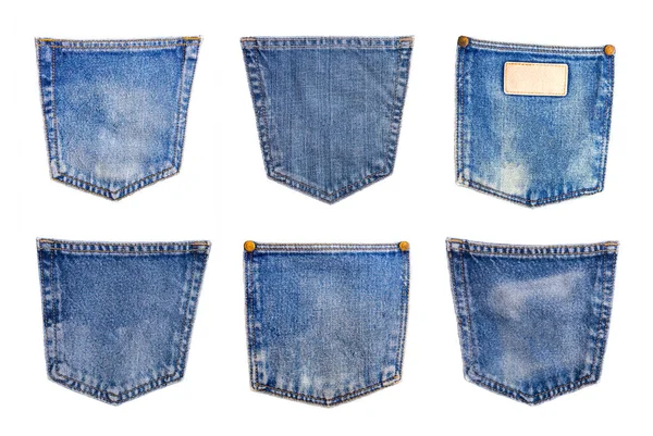 Collezione di denim blu jeans tasca isolata su sfondo bianco — Foto Stock