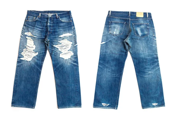 Blue Jeans voor- en achterkant geïsoleerd op witte achtergrond — Stockfoto