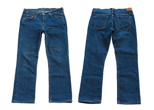 Modré džíny přední a zadní izolované na bílém pozadí — Stock fotografie
