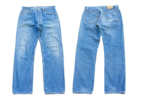 Jeans blu anteriori e posteriori isolati su sfondo bianco — Foto Stock