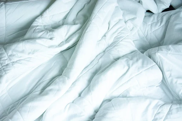 Top View White Blanket Wrinkles Bed Sleep Long Night — Stock Photo, Image